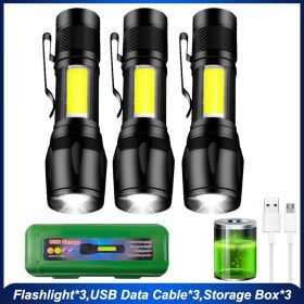 Mini Led Flashlight With Storage Box Portable Rechargeable Zoom Flashlight Waterproof Torch Lamp Lantern Camping Lights Outdoor - 3pcs - China