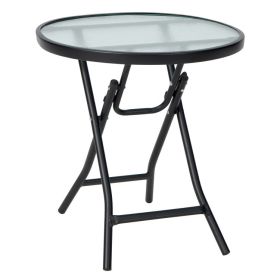 Patio Side Table with Tempered Glass Tabletop - black