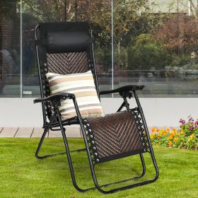 Folding Rattan Patio Zero Gravity Lounge Chair Recliner w/ Headrest - as pic - Steel + Rattan