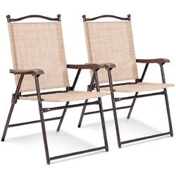 Set of 2 Patio Folding Sling Back Camping Deck Chairs - OP3568-2