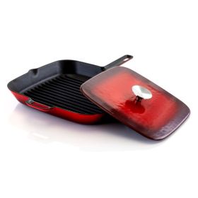 Elegant Hosehold Kitchen Square Enamel Cast Iron Grill Pan  - Red - 11 In