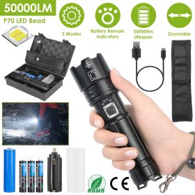 Tactical LED Flashlight Zoomable Rechargeable Search Light Torch - Black