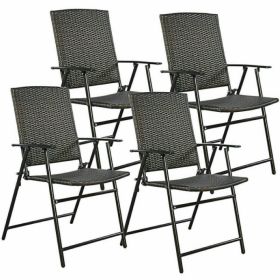 Outdoor Beach & Garden Lawn Chairs Set Of 4 Rattan Utility Folding Chair - Brown - Rattan and steel