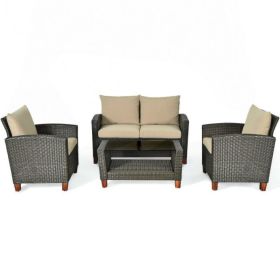 Patio Garden Outdoor Rattan Furniture Set With Cushions  4 Pce Set - Brown - Rattan, steel
