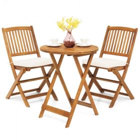 3 Pieces Patio Folding Wooden Bistro Set Cushioned Chair - White