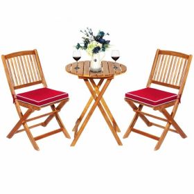 3 Pieces Patio Folding Wooden Bistro Set Cushioned Chair - Red