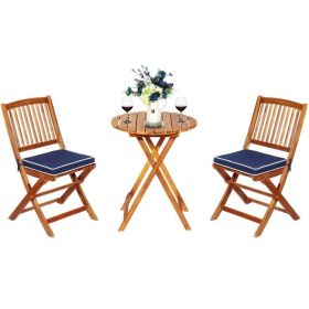 3 Pieces Patio Folding Wooden Bistro Set Cushioned Chair - navy