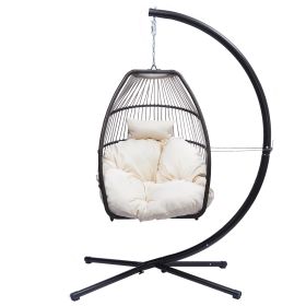 Hanging Egg Swing Chair with Stand Hammock Chair with Soft Cushion and Pillow for Backyard, Garden, Patio XH - Beige