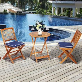 Set of 3 Patio Folding Wooden Bistro Set Upholstered Conversation Chairs Navy Blue Cushions - Navy Blue Cushion - Acacia Wood