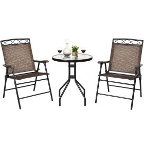 3 Piece Bistro Conversation Patio Bar Dinnerware Set with 2 Folding Chairs and Glass Table - Shown in the picture - Tempered glass + steel frame + fab