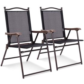Set of 2 Patio Folding Sling Chairs Camping Deck Garden Beach Black - Black - Textiles, steel and plastics