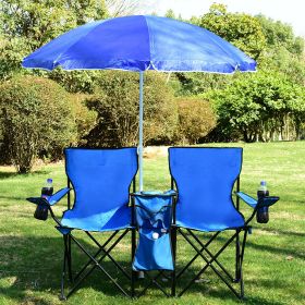 Portable Folding Picnic Double Chair W/Umbrella Table Cooler Beach Camping Chair - Blue - Nylon, Steel, Fabric