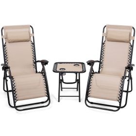 3PC Zero Gravity Reclining Lounge Chairs Pillows Table Portable Folding - Beige - Steel ,textilene fabric