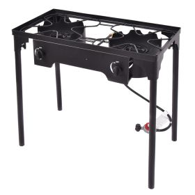 Double Burner Gas Propane Cooker Outdoor Camping Picnic Stove Stand BBQ Grill - Black - Cast iron