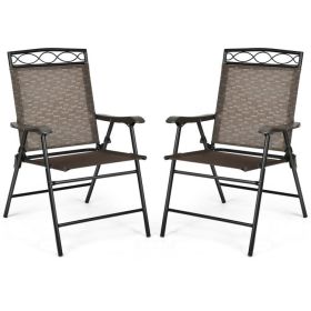 Set of 2 Patio Folding Chairs Sling Portable Dining Chair Set with Armrest - Black