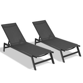 Outdoor 2-Pcs Set Chaise Lounge Chairs, Five-Position Adjustable Aluminum Recliner, All Weather For Patio, Beach, Yard, Pool RT - Black