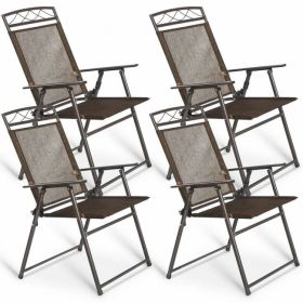 Set of 4 Patio Folding Sling Chairs Steel Camping Deck - coffee