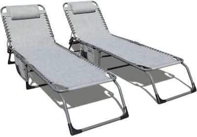 Set of 2 Outdoor Chaise Lounge with Detachable Pocket and Pillow, Portable Adjustable Patio Sun Lounge Chair for Garden,Beach, Sunbathing - grey