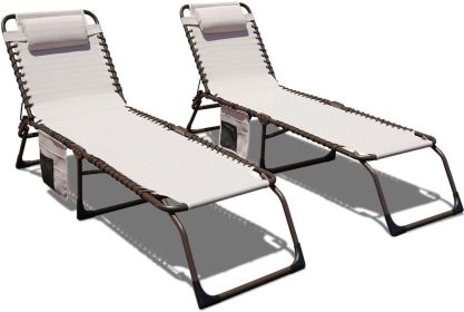 Set of 2 Outdoor Chaise Lounge with Detachable Pocket and Pillow, Portable Adjustable Patio Sun Lounge Chair for Garden,Beach, Sunbathing - beige