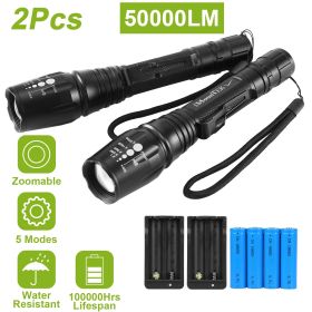 2Packs Tactical Military LED Flashlight 50000LM Zoomable Rechargeable Flashlight Torch w/ 5Modes SOS Night Light  - Black